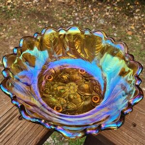 Indiana Glass Carnival Glass Wild Rose Four Footed 9" Serving Bowl